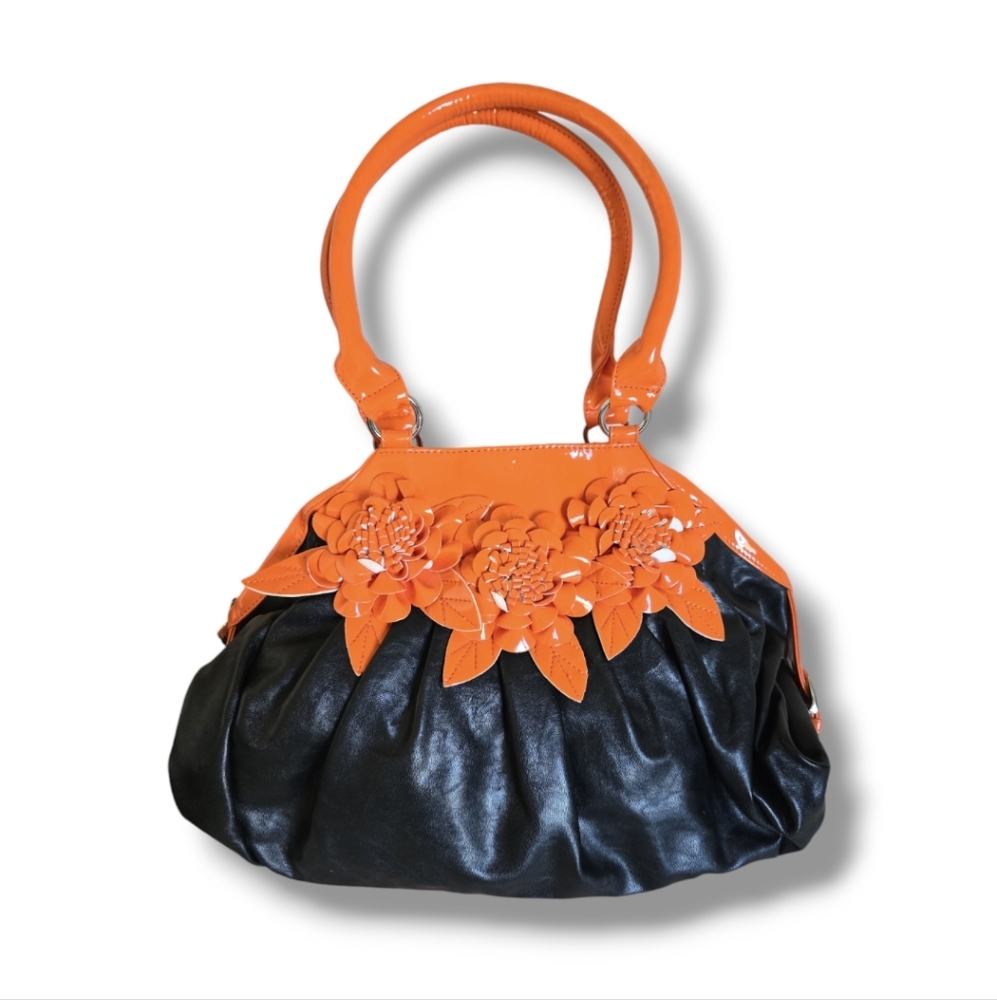 LUVSHOES Glossy Black & Orange Floral Design Hobo Shoulder/ Handbag Large